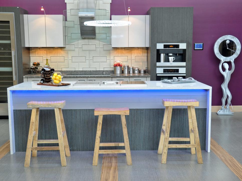 Modern Kitchen With Purple Wall, LED Lighting and Quartz Counter