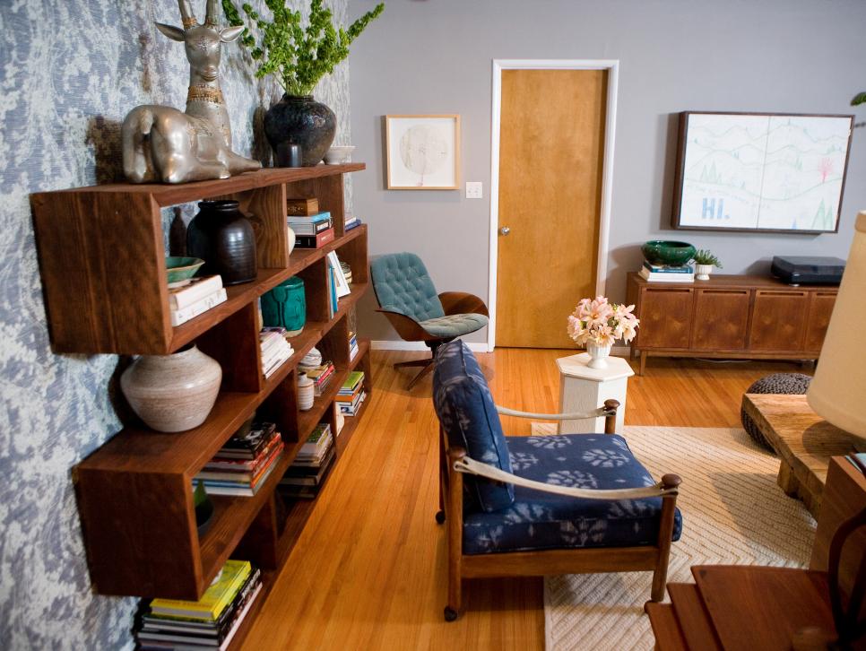 Shelving Accent Wall in Contemporary Living Room Living Room With Shelving Accent Wall