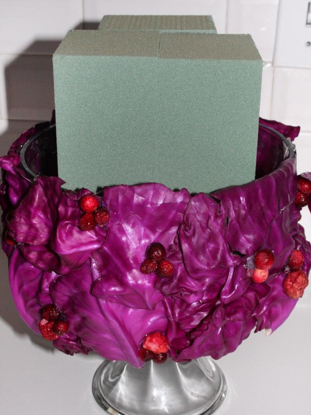 Placing Floral Foam for Fruit and Vegetable Centerpiece Placing Floral Foam for Fruit and Vegetable Centerpiece