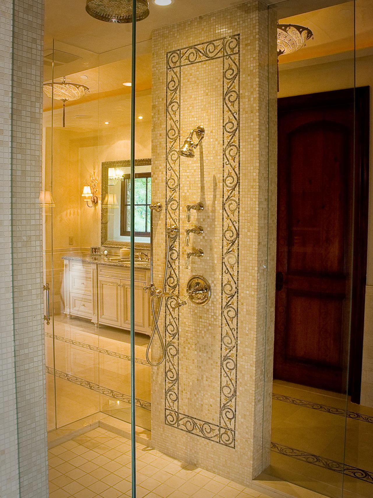 Intricate Shower Tile Wall in Traditional Bathroom | HGTV