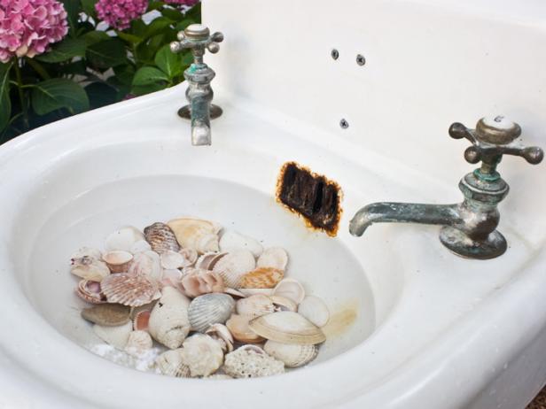 Fill Bird Bath Sink with Shells Fill Bird Bath Sink with Shells