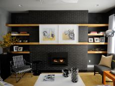 Modern Living room With Gray Brick Fireplace and Wood Shelves