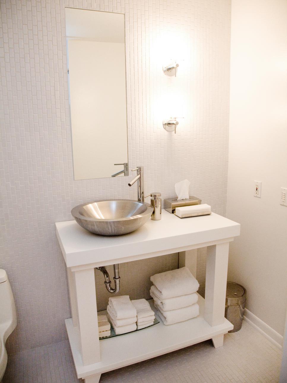 Contemporary White Bathroom Vanity With White Tile Wall 