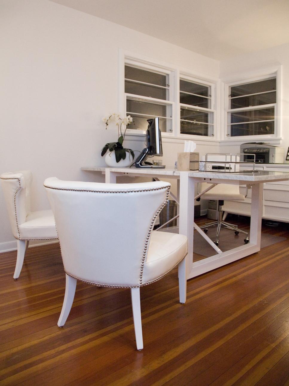 White Contemporary Home Office With Leather Chairs