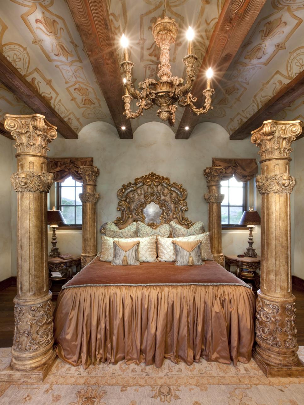 Opulent Old World-Style Bedroom With Gold Columns