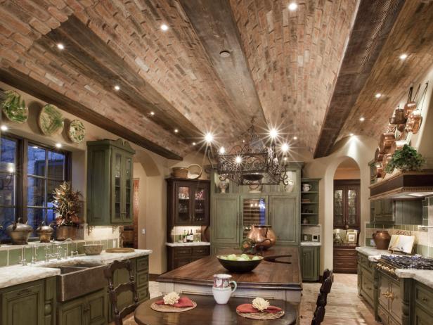 Spacious Old World Kitchen with Curved Brick Ceiling