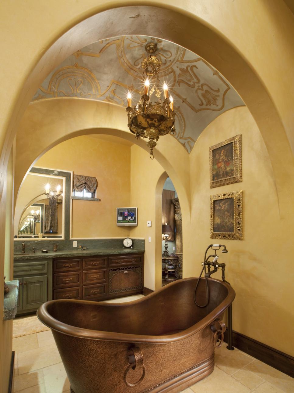 Copper Bathtub in Elegant Bathroom With Painted Ceiling