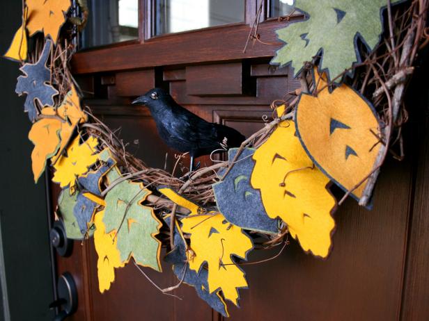 Colorful Felt Leaves on Grapevine Wreath With Crow