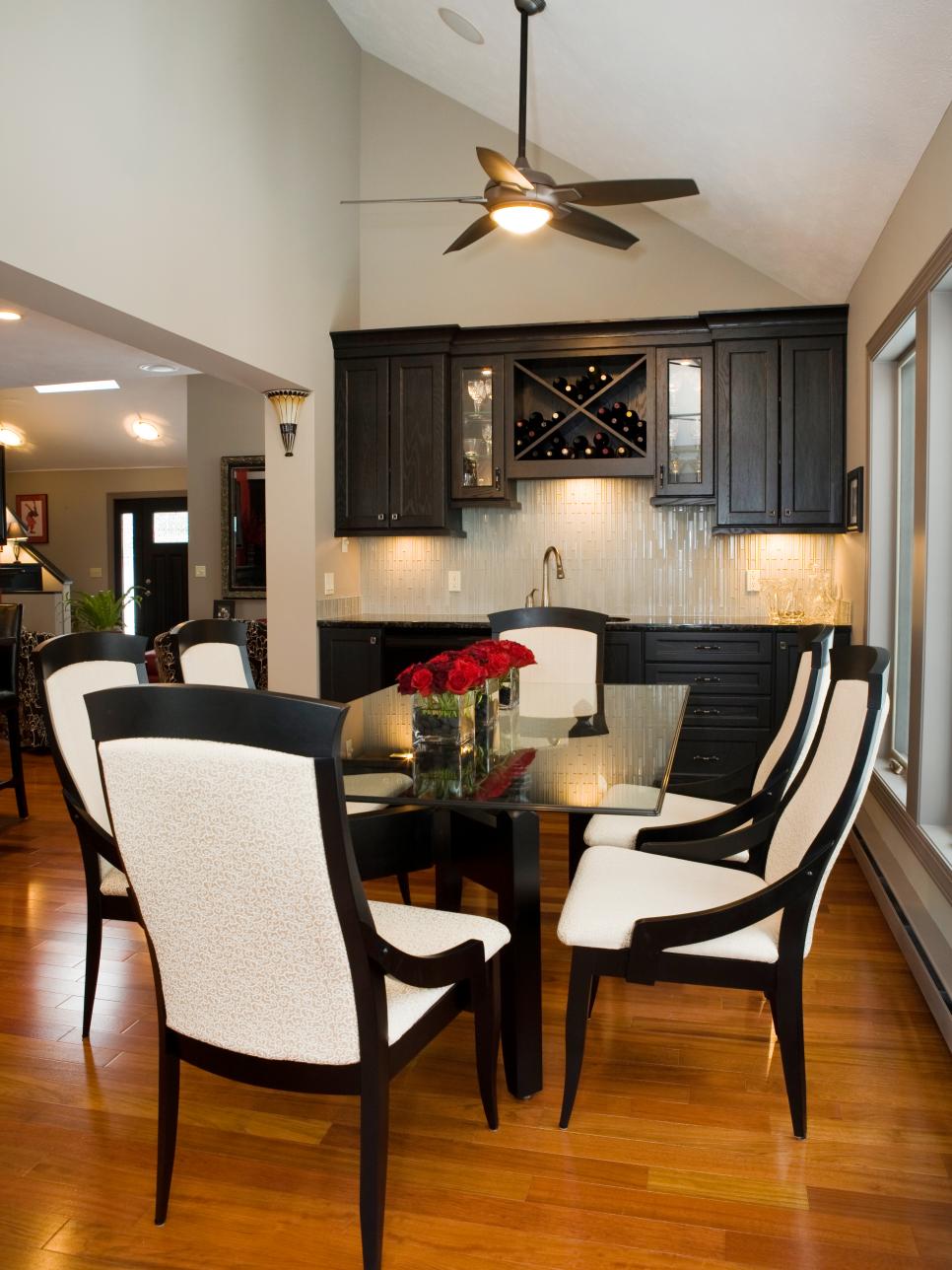 Traditional Black and White Dining Room With Custom Wet Bar
