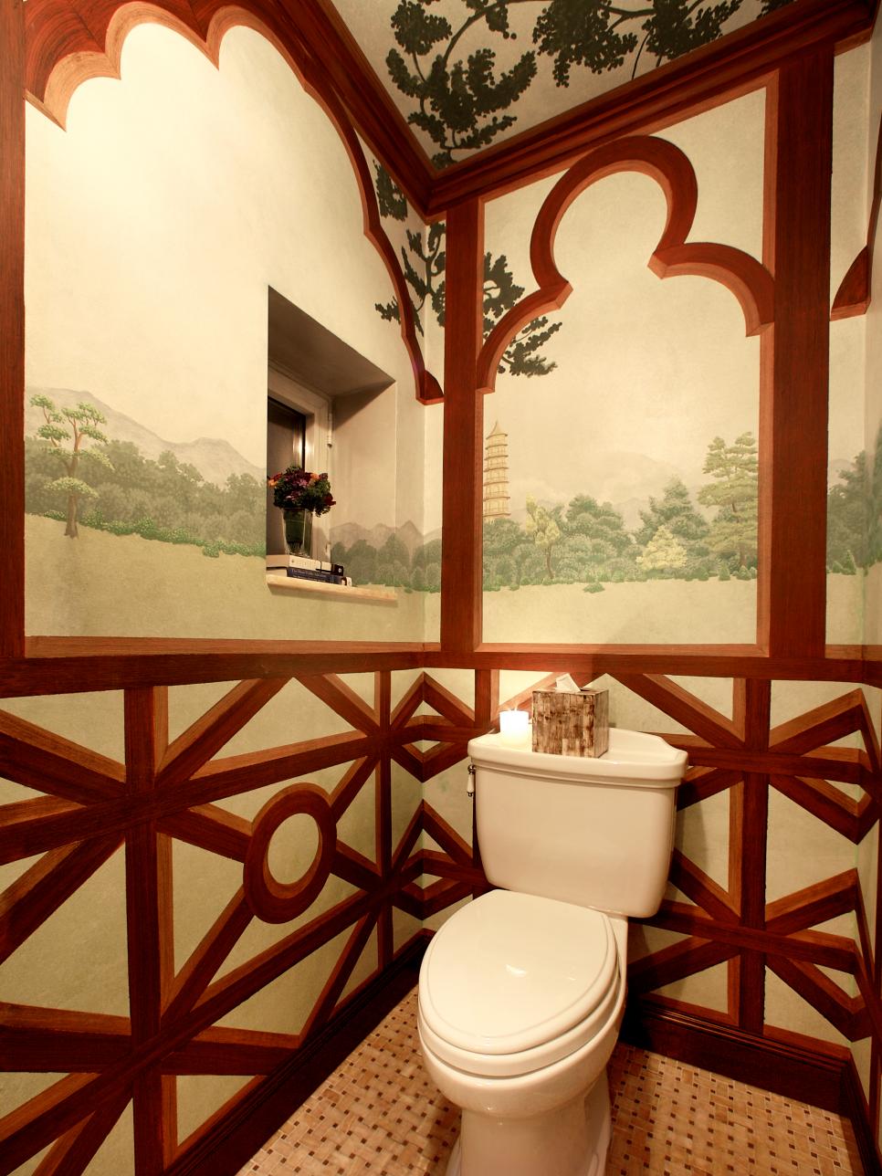 Asian Bathroom With Pastoral Wallpaper