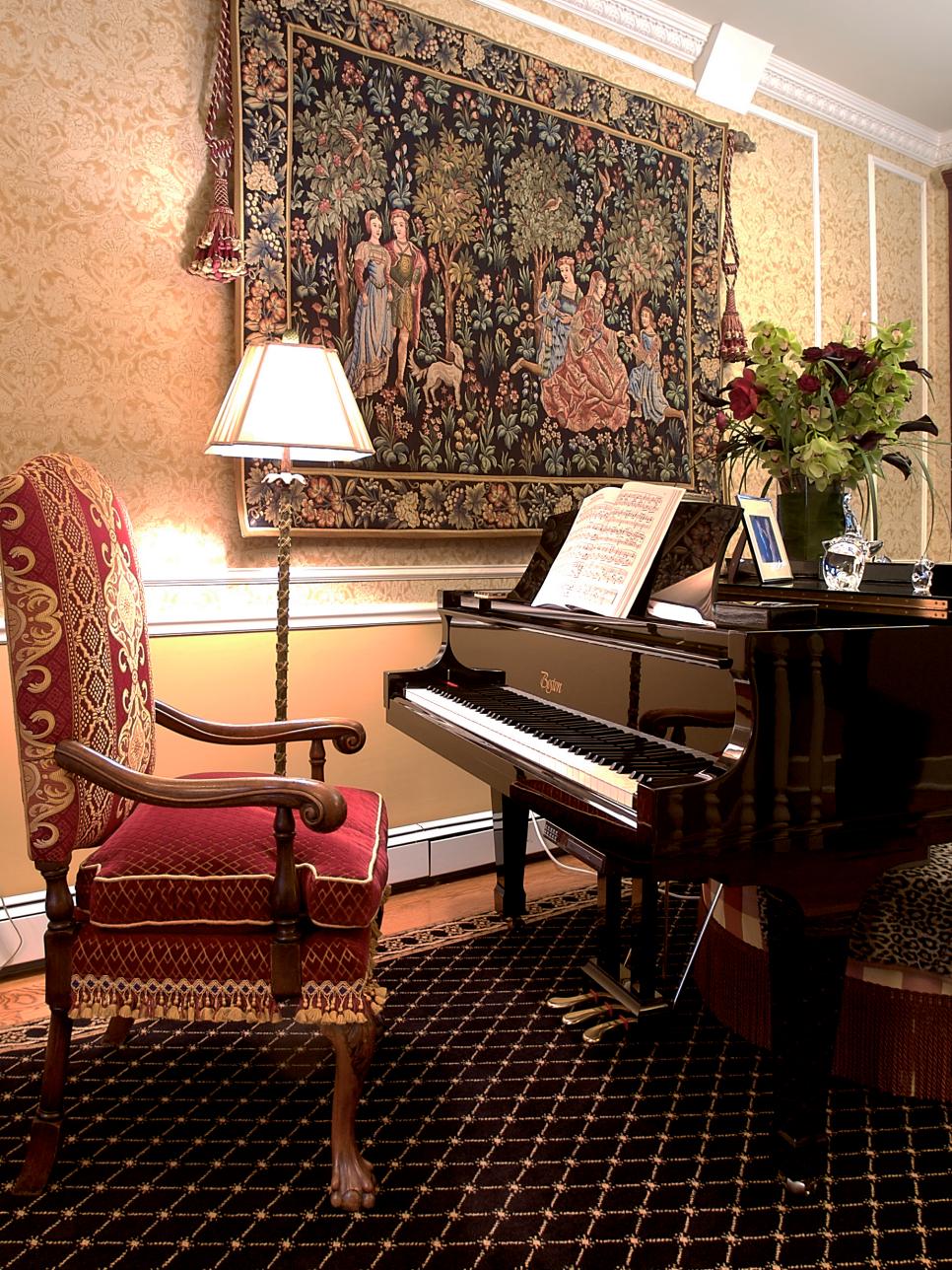 Neutral Piano Corner With Old World Tapestry and Red Velvet Chair