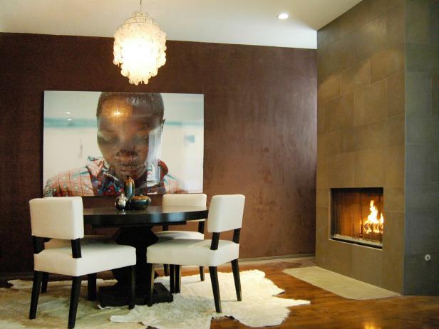 Modern Dining Room With Brown Suede Wall Modern Dining Room With Brown Suede Wall