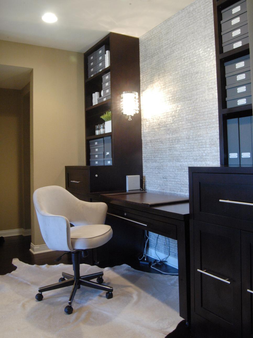 Black and White Home Office With Tile Wall, Curved Chair & Cowhide Rug