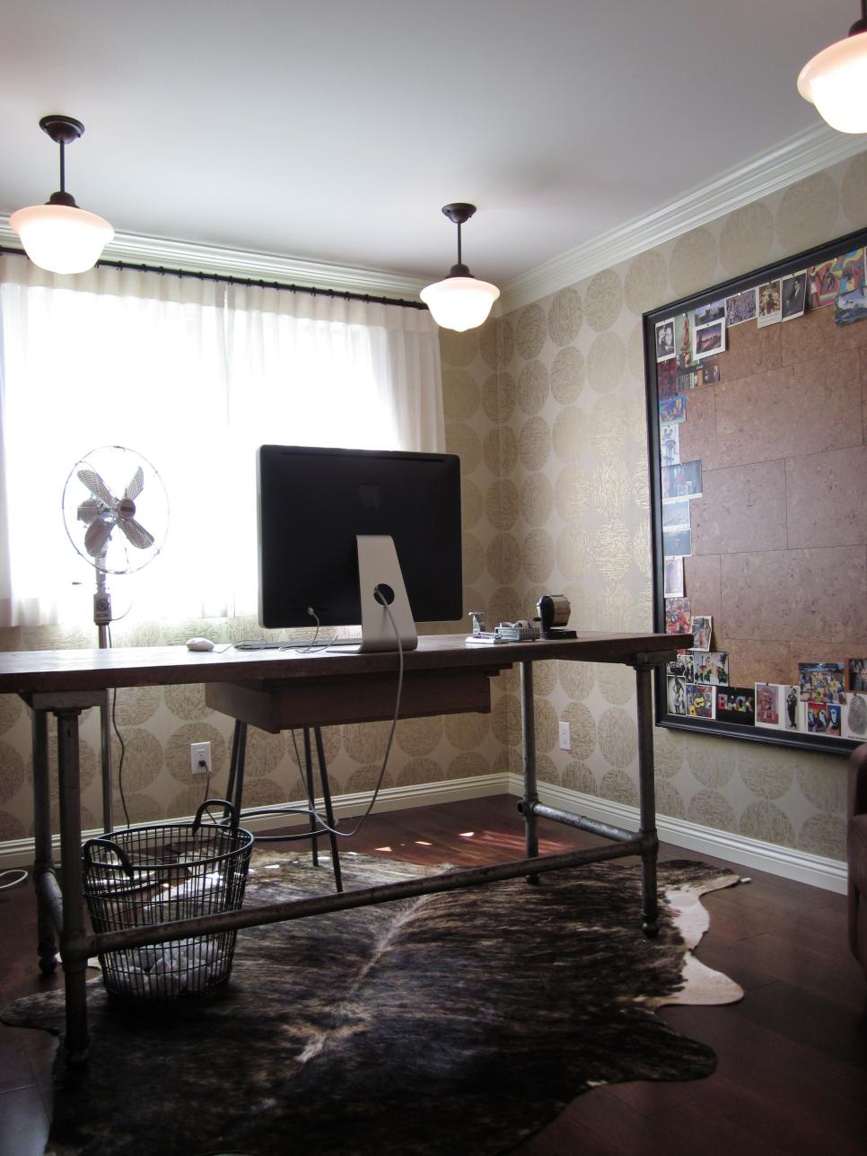 Home Office with Animal Hide Rug and Industrial Desk