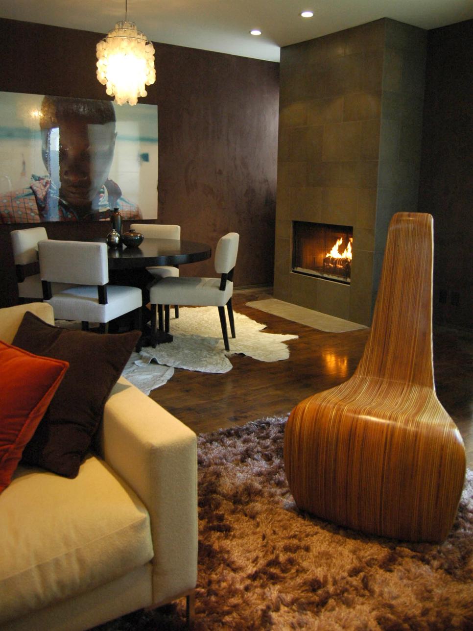 Contemporary Living and Dining Room With Tiled Fireplace