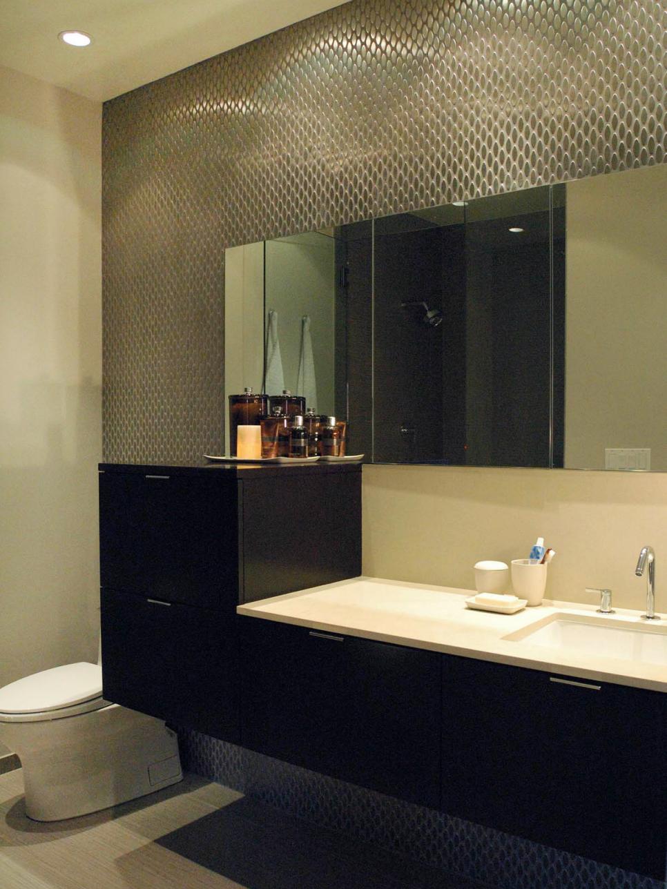 Modern Bathroom with Metal Tile Wall and Black Vanity