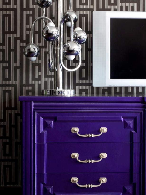 Purple Dresser With Silver Hardware and Modern Lamp Purple Dresser With Silver Hardware and Modern Lamp