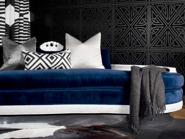 Contemporary Blue Settee and Graphic Black Wallpaper Contemporary Blue Settee and Graphic Black Wallpaper