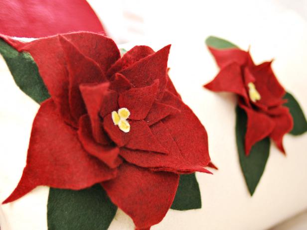Custom-Made Poinsettia Applique Pillow Felt Christmas Poinsettias on Pillow