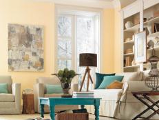 Neutral Living Room With Beige Sofa and Turquoise Coffee Table