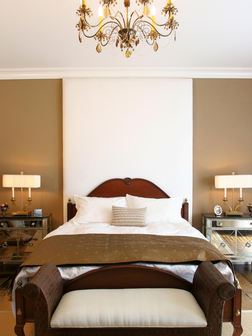 Contemporary Brown Bedroom With Chandelier Contemporary Bedroom With Mirrored Nightstand