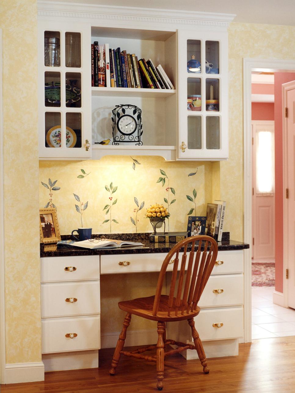Yellow Cottage-Style Kitchen With Built-In Desk White Built-In Desk in Yellow Cottage-Style Kitchen