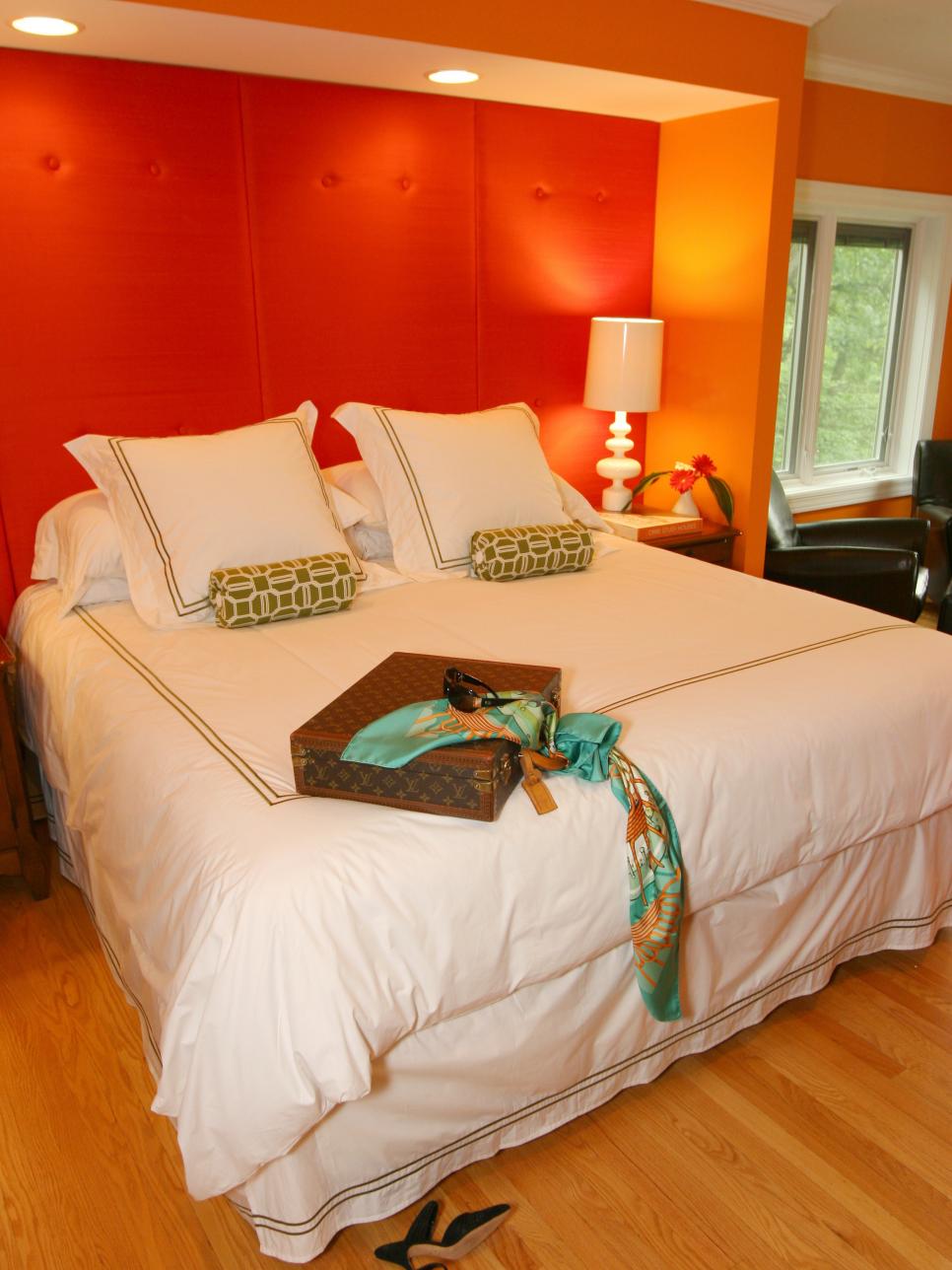 Orange Contemporary Bedroom With Red Silk Headboard