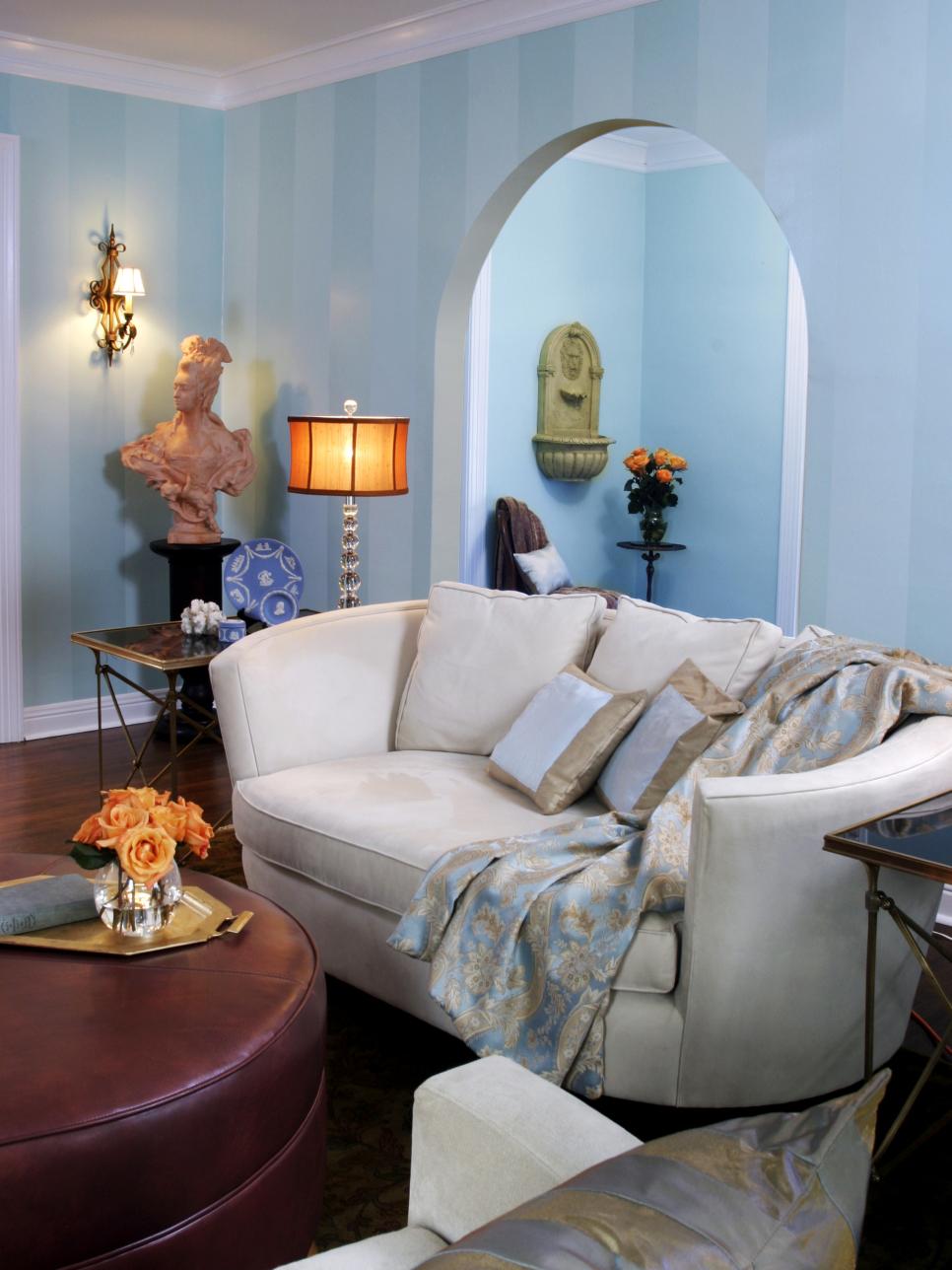 Traditional Blue Living Room With White Sofa