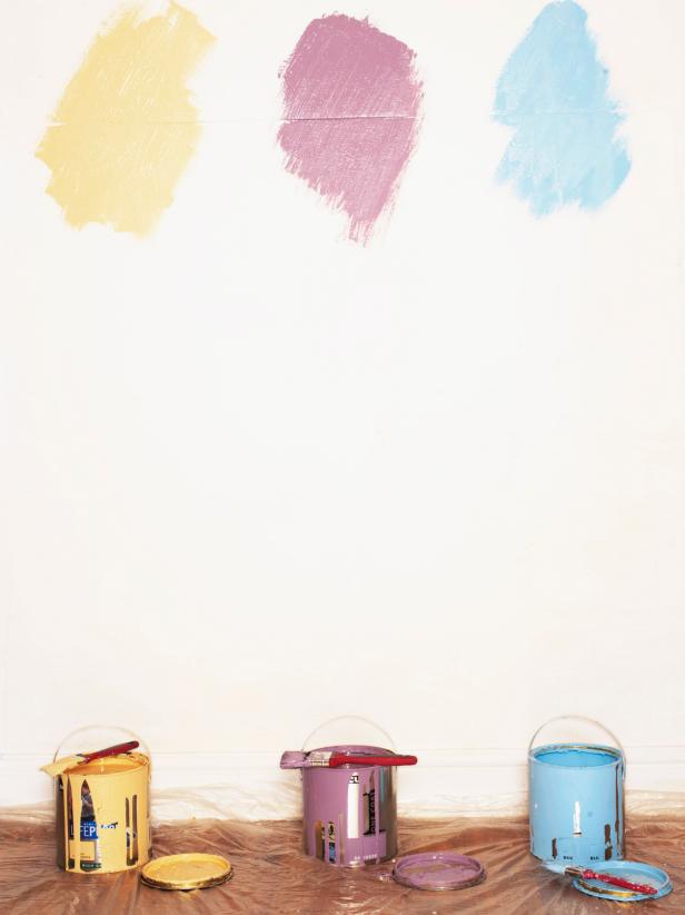 Paint cans and wall samples.