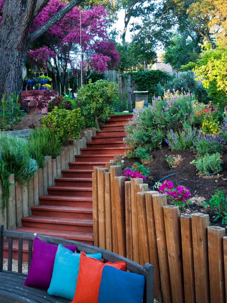 Colorful Garden With Wood Staircase