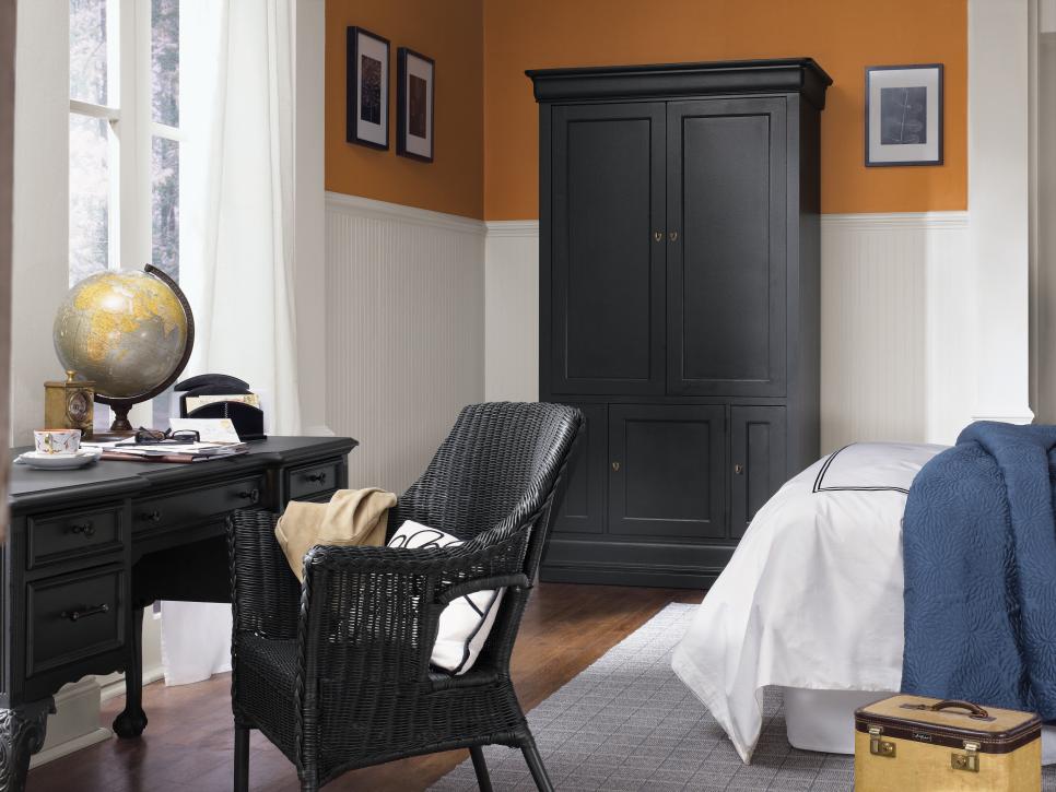 Bedroom Home Office Black and White Bedroom with Wicker Chair at Desk