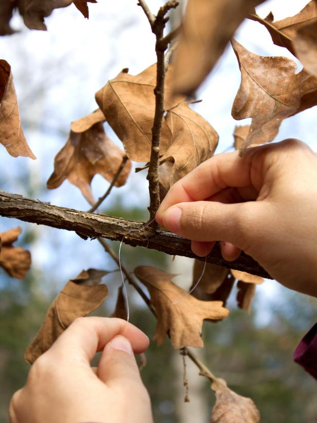 A step-by-step Halloween ghost craft is affixed to a tree branch with wire.