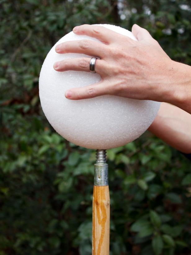 Attaching Foam Ball To Pole For Halloween Ghost's Head Attaching Foam Ball To Pole For Halloween Ghost's Head