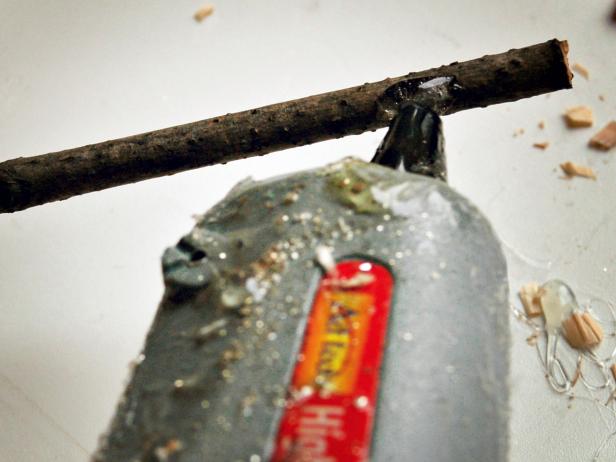 Apply bead of hot glue to top of twig.