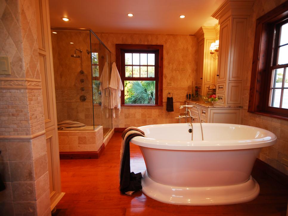 Neutral Transitional Bath With Freestanding Tub and Walk-In Shower