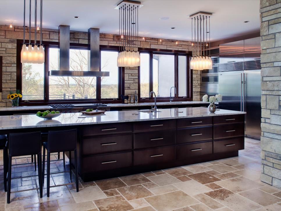 Large Contemporary Eat-In Kitchen With Stone Walls and Flooring