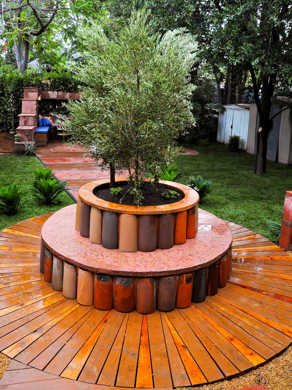 Backyard With Circular Wood Bench Small Wood Patio With Circular Bench and Tree