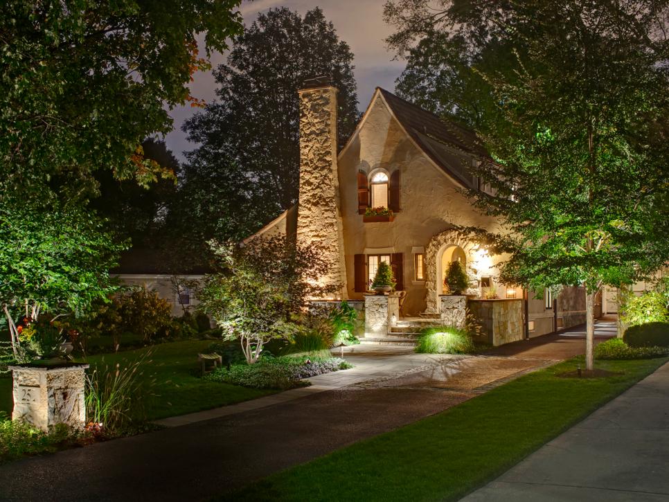Cottage Home Front Entry With Smart Landscape Lighting