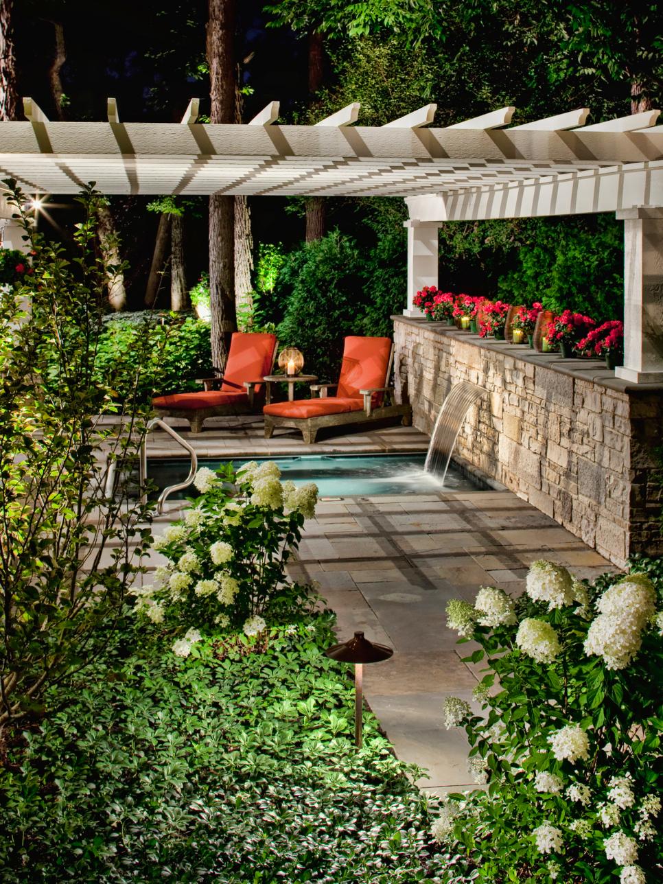 Neutral Pergola Covering Outdoor Spa Water Feature