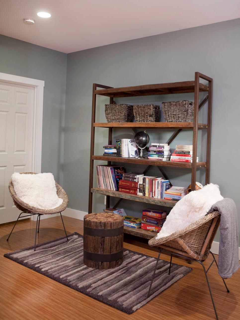 Gray Rustic Chic Reading Nook Reading Area With Wood Bookshelf, Round Chairs & Tree Stump Ottoman