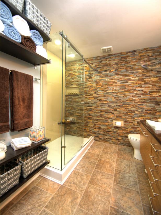 Master Bathroom With Stacked Stone Wall and Open Storage Master Bathroom With Stacked Stone Wall and Open Storage