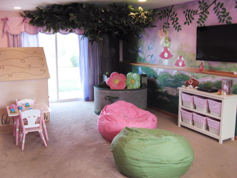 Girls' Playroom With Fairy Garden Mural and Playhouse
