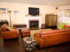 Boring Neutral Living Room With Brown Leather Sofa and Chair