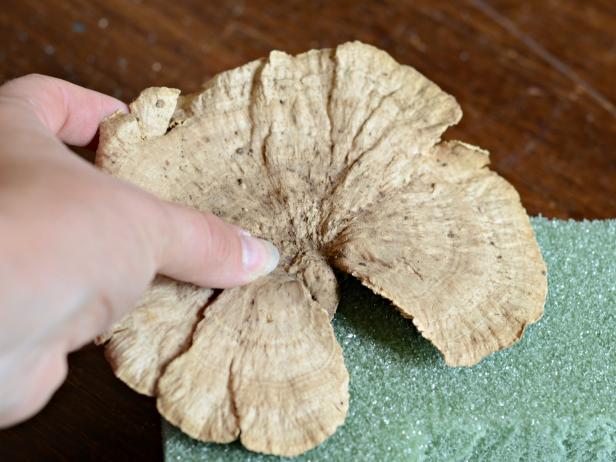Insert stems into floral foam to secure into place. Tip: If dried mushrooms aren't available, any large, flat dried floral can be used.