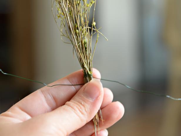 Trim dried flowers to desired length (approximately 5 to 7 inches is ideal) and bundle by wrapping stems with 15-inch length of florist wire.