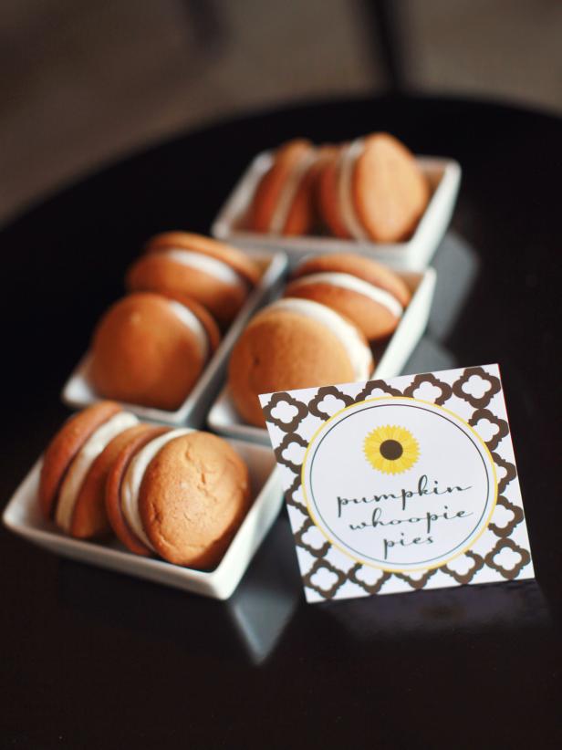 Fall-flavored desserts, like these pumpkin whoopie pies, are perfect for Thanksgiving. Create a pretty display by placing them in several small dishes grouped together.