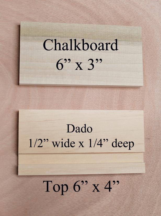 This poplar wood block has a dado to for the chalkboard block.Cut poplar pieces to size on table saw. Cut a 1/2" wide x 1/4" deep dado on top side of top piece, 1/2 inch from front edge of box top