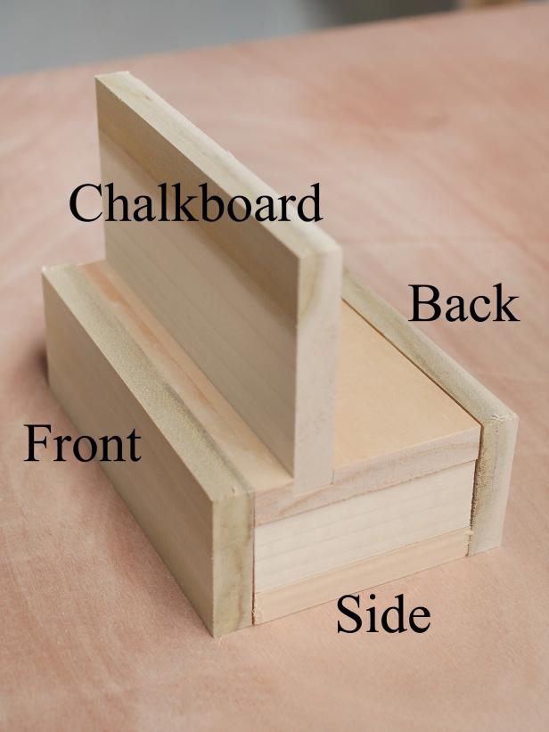 Assemble all pieces without glue to ensure a proper fit. This chalkboard stocking hanger is assembled with poplar wood blocks.