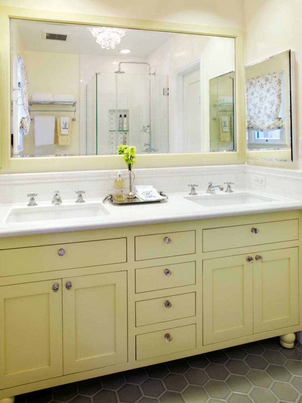 Transitional Yellow Double-Vanity Bathroom With Chandelier