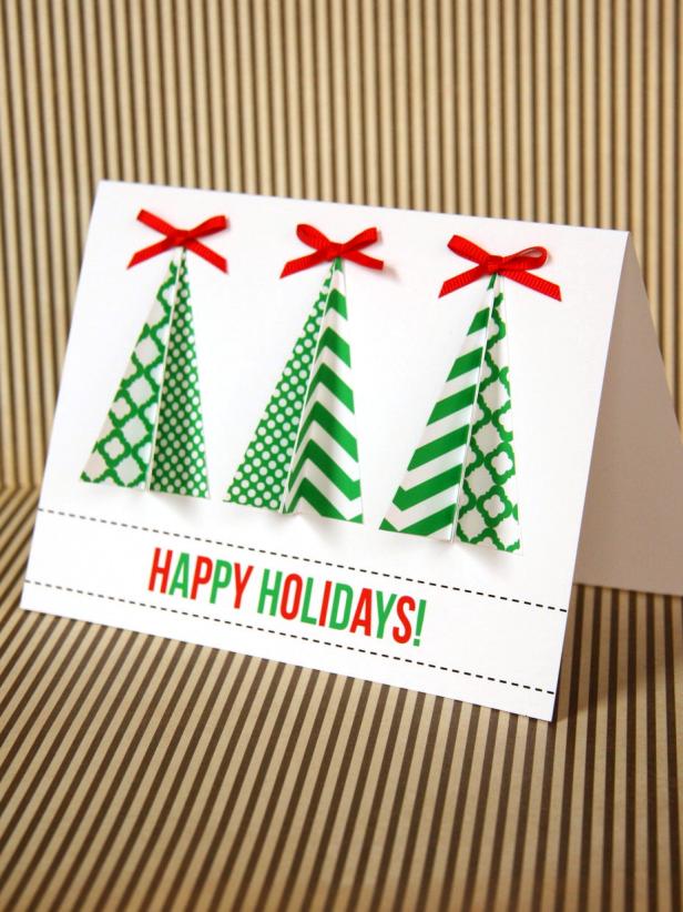 Assemble 3-D Trees and Glue to Handmade Christmas Card Assemble 3-D Trees and Glue to Handmade Christmas Card